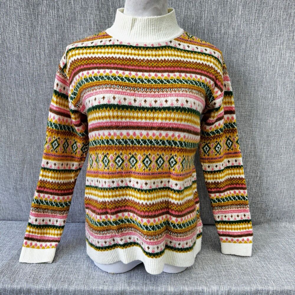 Talbots Petite PM Multicolour Knit Fair Isle Mock neck Pullover Sweater striped